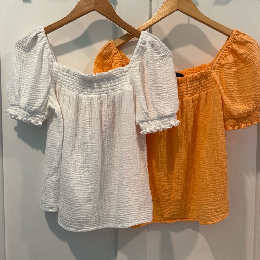 J. Crew White and Orange Puff Sleeve Blouses